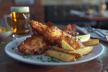 Plate of fish chips and a glass of beer on table