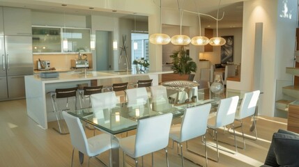 Modern dining area blends art deco style with contemporary elegance in a spacious layout