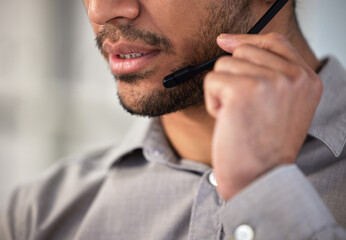 Man, mouth and microphone as employee at call center with customer or client support and service....