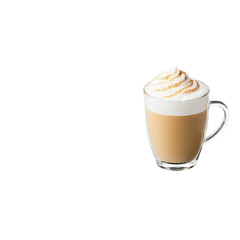 French vanilla latte in a clear glass mug showcasing the smooth creamy notes of French