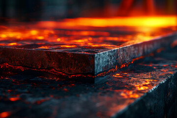 Detailed view of a heat treatment process on steel, with visible color changes indicating temperature gradients 