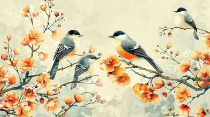 Birds in branches flowers floral background with flowers