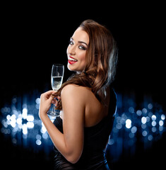 Portrait, woman and celebrity in fashion, champagne and dress for glamour, confident and elegant....