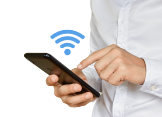 Businessman holding smartphone with wifi icon, Isolated on white transparent background. PNG File Format