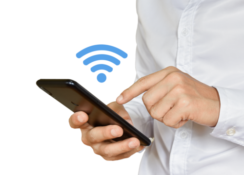 Businessman holding smartphone with wifi icon, Isolated on white transparent background. PNG File Format - Powered by Adobe