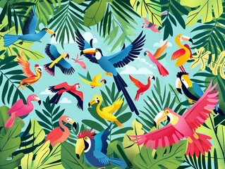 a group of colorful birds flying in the air