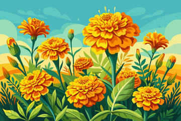 Sunny yellow marigold blooms in a field