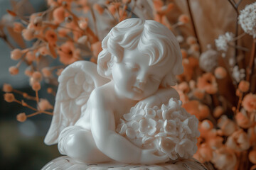 figurine of a white marble angel, gift angel with a flower, statuette of an angel for a birthday, generative ai