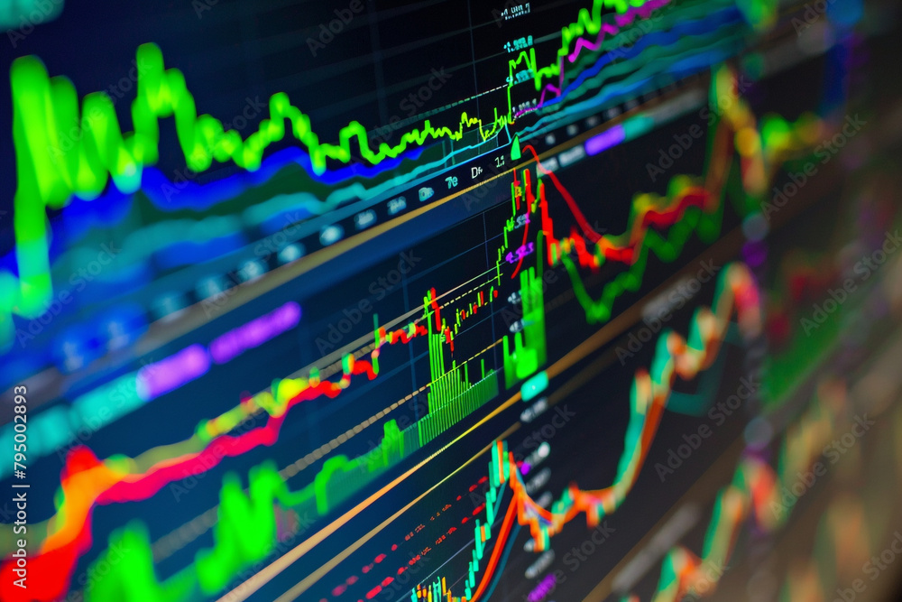 Aufkleber detailed view of a stock market exchange interface on a computer screen, graphs and numbers