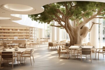 Minimalist cafe interior design featuring sleek, modern architecture with a central tree as a natural focal point, enhancing a clean and serene ambiance