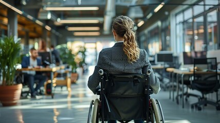 Rear view of young woman in wheelchair in corridor of modern office - obrazy, fototapety, plakaty