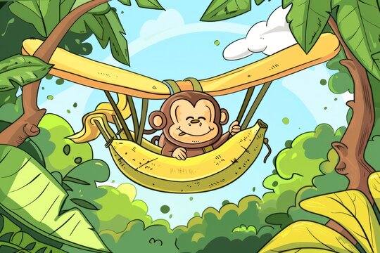 Cartoon cute doodles of a adventurous pilot monkey swinging through the treetops in a banana-shaped airplane, with bananas as fuel, Generative AI