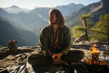 A young man sits cross-legged by a tent against a backdrop of mountains.