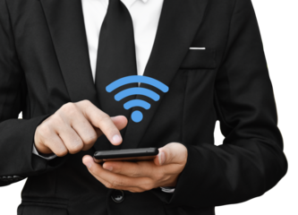 Businessman holding smartphone with wifi icon, Isolated on white transparent background. PNG File Format