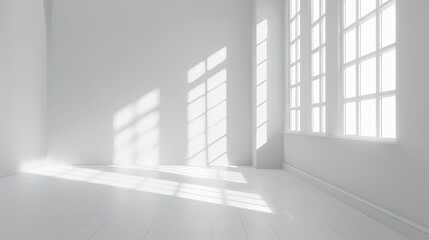 Empty white room with light falling through the window, generative ai 