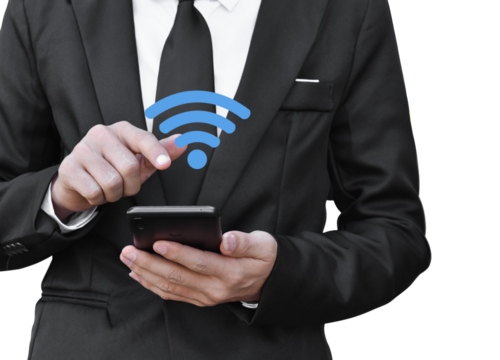 Businessman holding smartphone with wifi icon, Isolated on white transparent background. PNG File Format - Powered by Adobe
