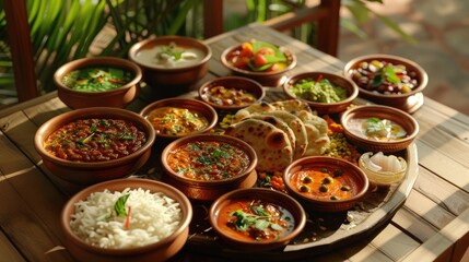 Traditional Indian dishes on the wooden table, selection of assorted spicy food, ai generated 