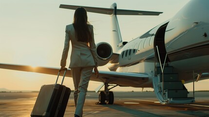 Business businesswoman walking on runway to her private jet She carries a suitcase with important documents and a laptop, ready for the next stage of her successful journey.