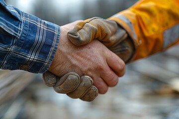 Two construction workers shake hands at a construction site, symbolizing teamwork and agreement with safety gloves on