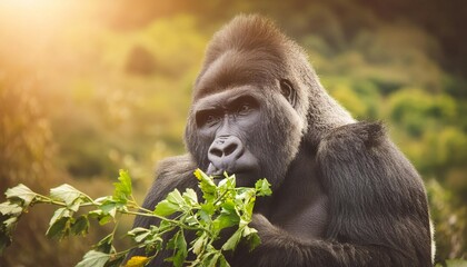 Wild gorilla eating leaves