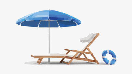 Deck chair blue beach umbrella and ring buoy isolated