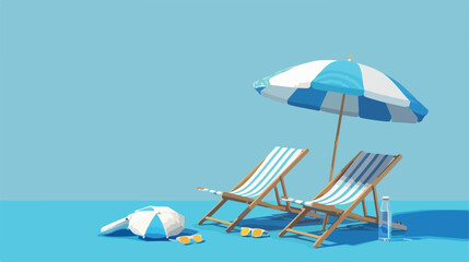 Deck chair blue umbrella and beach accessories on blue