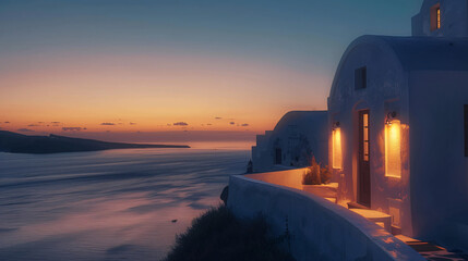 Night lights at sunset in Santorini island Greece.  - obrazy, fototapety, plakaty