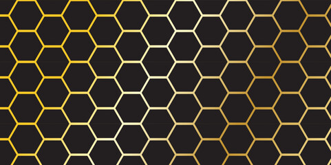 Luxury hexagonal abstract black metal background with golden light lines. Dark 3d geometric texture illustration. Black Hexagonal Pattern Metallic  background with black and gold 3d