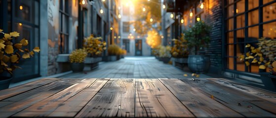 Blurry urban street scene with empty wooden table in the corner. Concept Urban Photography, Street Scene, Blurry Background, Wooden Table, Empty Corner