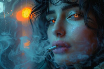Ethereal image of a woman smoking with her face illuminated by ambient colored lights