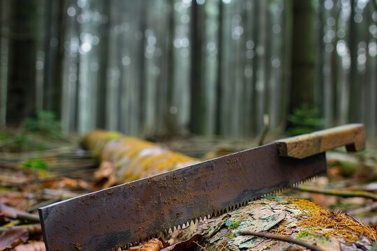 Hand saw, forestry background