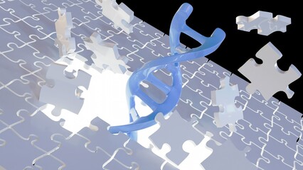 3d rendering of DNA helix and jigsaw puzzle pieces