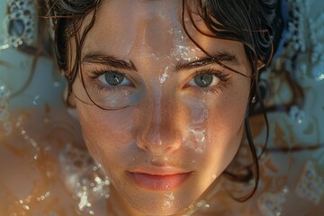 This image captures a young woman's face up close with water droplets on her skin and a serene expression