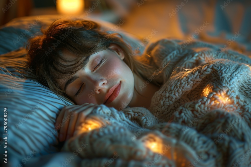 Poster peaceful scene capturing a person asleep in a warmly lit room with decorative string lights adding a