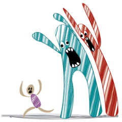 Two big scary letters of the alphabet; A and I, representing Artificial Intelligence instilling fear in humans, represented by a symbolic human figure running away looking very terrified