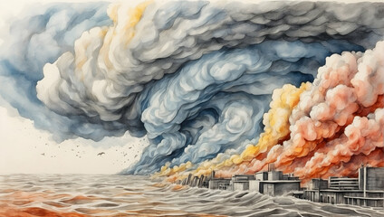 Watercolor Hand Drawing of Carbon Cyclone Conveying the Intensity of Cyclones Fueled by Warming Climate and Carbon Pollution - Global Warming Concept - obrazy, fototapety, plakaty