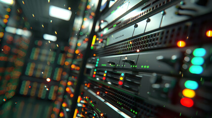 Data Center Dynamics: Network Server Room with Blinking Lights - 795008438
