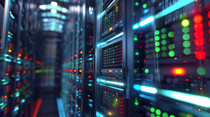 Data Center Dynamics: Network Server Room with Blinking Lights - 795008653