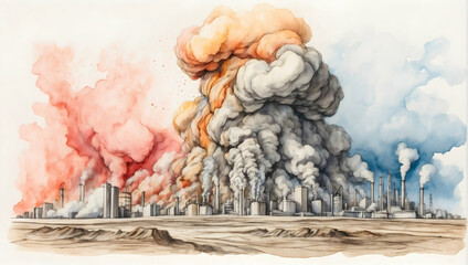 Watercolor Hand Drawing of Carbon Quake: A Powerful Image Representing Global Warming and Seismic Shifts in Climate Due to Carbon Emissions - obrazy, fototapety, plakaty