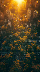 Aerial view of urban landscape bathed in golden sunlight