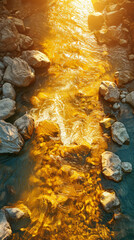 Golden sunlight reflecting on a rocky river during sunset