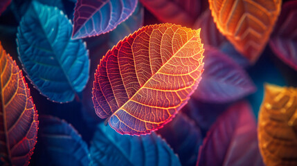 Detailed close-up of summer leaves under complex lighting, emphasizing texture and color contrasts, ideal for an engaging and vivid background 