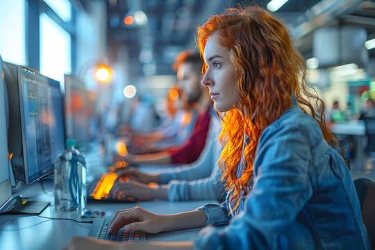 A red-haired woman developers software in a bustling tech hub, her focus evident amidst activity