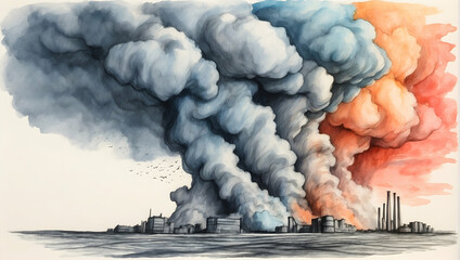 Global Warming Consequences: Watercolor Hand Drawing of Carbon Storm Designs - obrazy, fototapety, plakaty