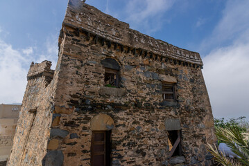 An ancient historical castle constructed using stones in ancient Arabian architecture in the Al Baha region of Saudi Arabia.