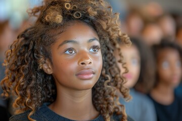 A teenage girl with natural curly hair gazes away with a thoughtful expression