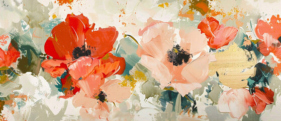 Vibrant abstract floral print with oversized blooms in various colors on a white background.