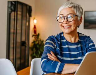 woman eyeglass with laptop portrait of a 50 year old senior grey hair smiling working in home - obrazy, fototapety, plakaty