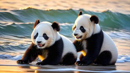 Adorable baby pandas are playing at beautiful beach, AI generated