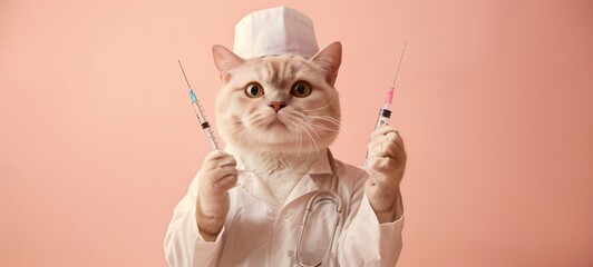 Doctor cat. A whimsical image of a beige cat in a medical hat holding syringes, ideal for humorous or creative veterinary and healthcare concepts.